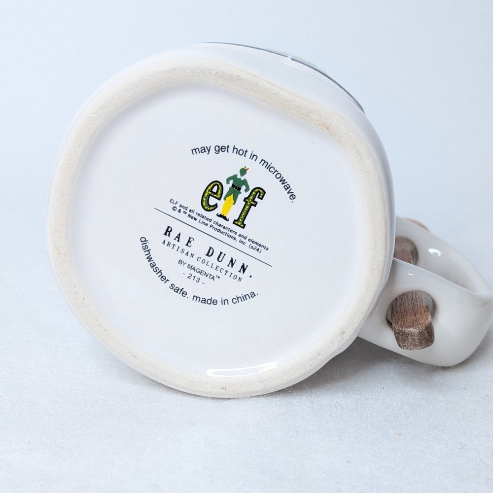 NEW Rae Dunn Magenta Elf Movie Character Ceramic Mug w/ Wooden Spoon White Green - Picture 6 of 7